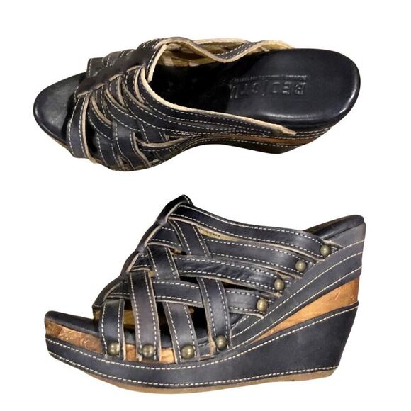 Bed|Stü Shoes - Bed Stu Gina Wedge 6 Black Leather Brown Wood Platform Strappy Sandal Mexico